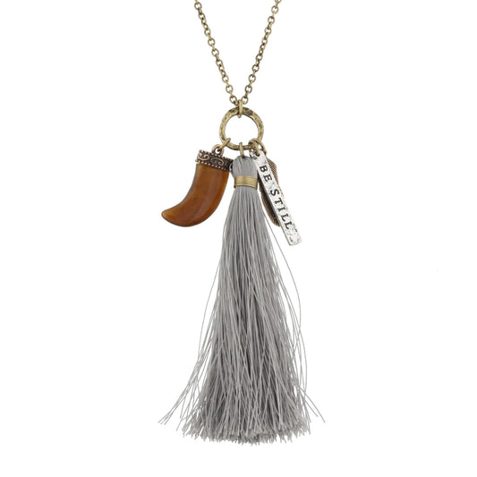 32" Gold Chain Necklace with Grey Tassel, Brown Horn, Feather and "Be Still" Charms, 3" Ext