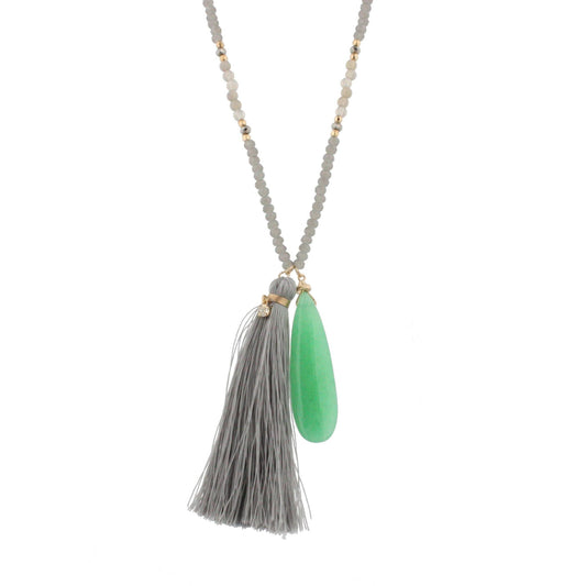44" Gold Chain Half Grey Beaded Necklace with Grey Tassel and Opaque Green Stone Pendant