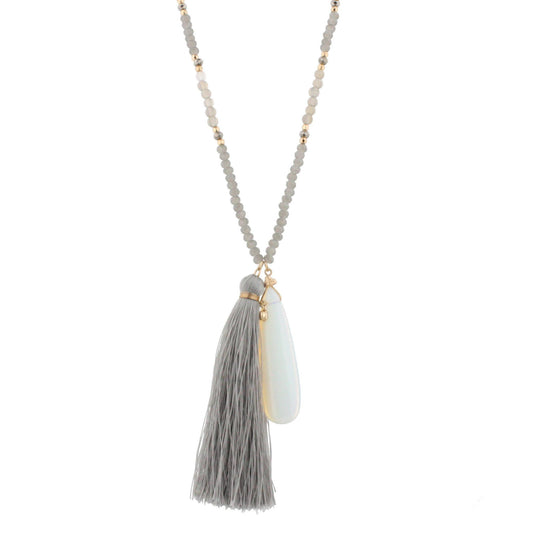44" Gold Chain Half Grey Beaded Necklace with Grey Tassel and Opal Stone Pendant