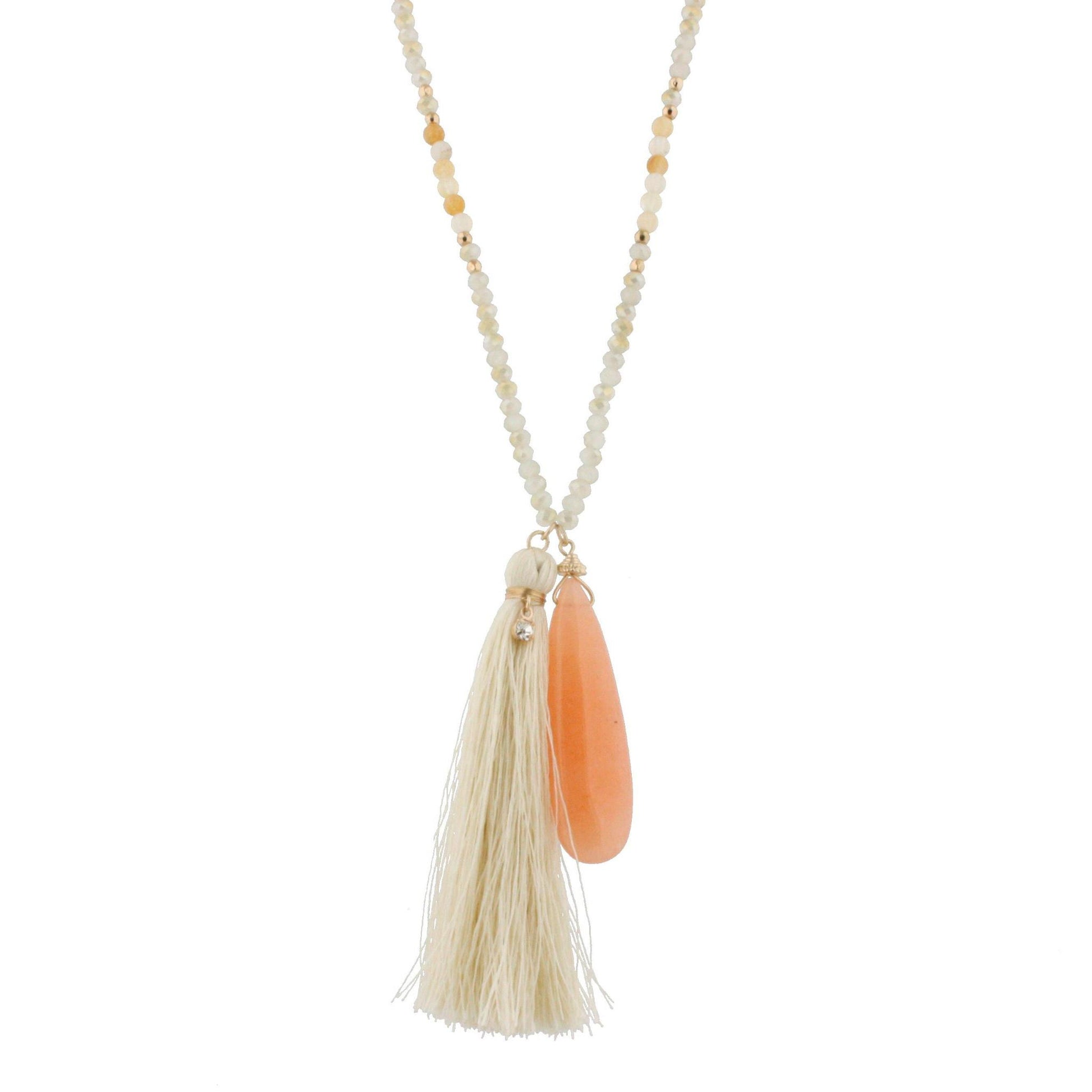 44" Gold Chain Half Neutral Beaded Necklace with Cream Tassel and Peach Stone Pendant