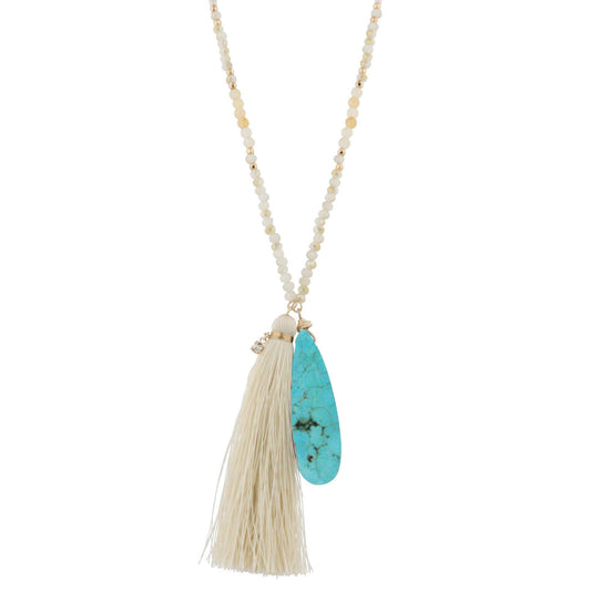 44" Gold Chain Half Opaque Neutral Beaded Necklace with CreamTassel and Turquoise Pendant