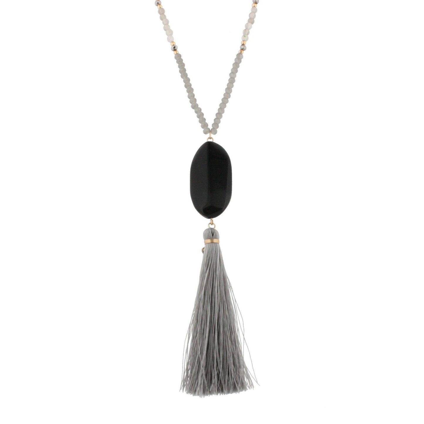 44" Half Chain Half Grey Beaded Necklace - Black Oval Stone Pendant with Grey Tassel Drop Down