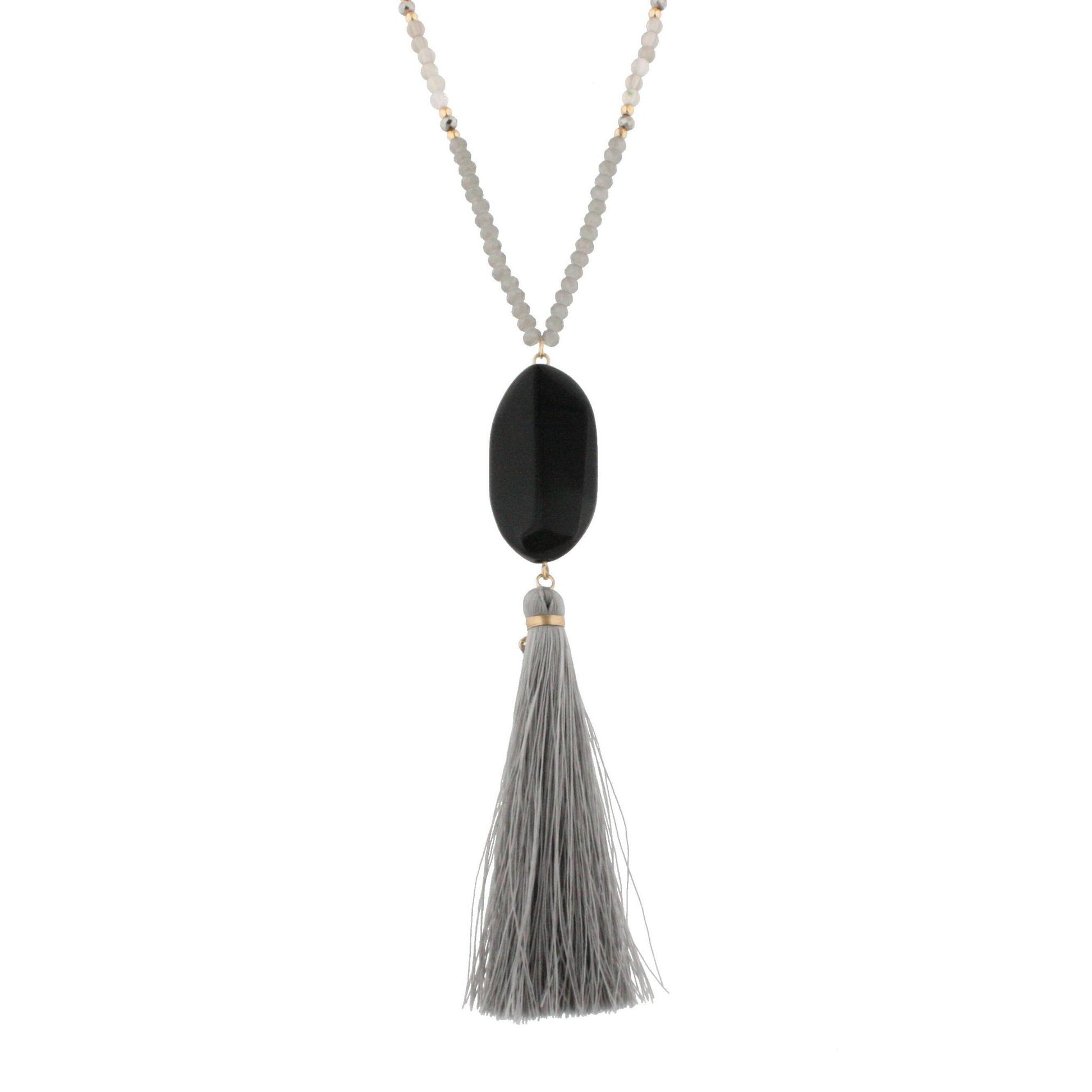 44" Half Chain Half Grey Beaded Necklace - Black Oval Stone Pendant with Grey Tassel Drop Down