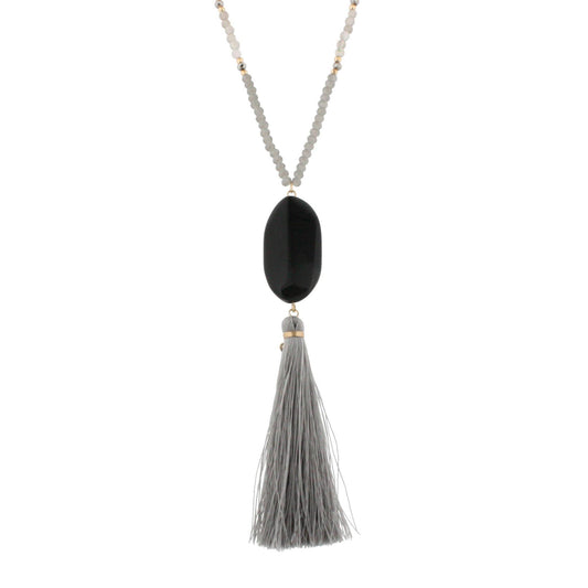 44" Half Chain Half Grey Beaded Necklace - Black Oval Stone Pendant with Grey Tassel Drop Down