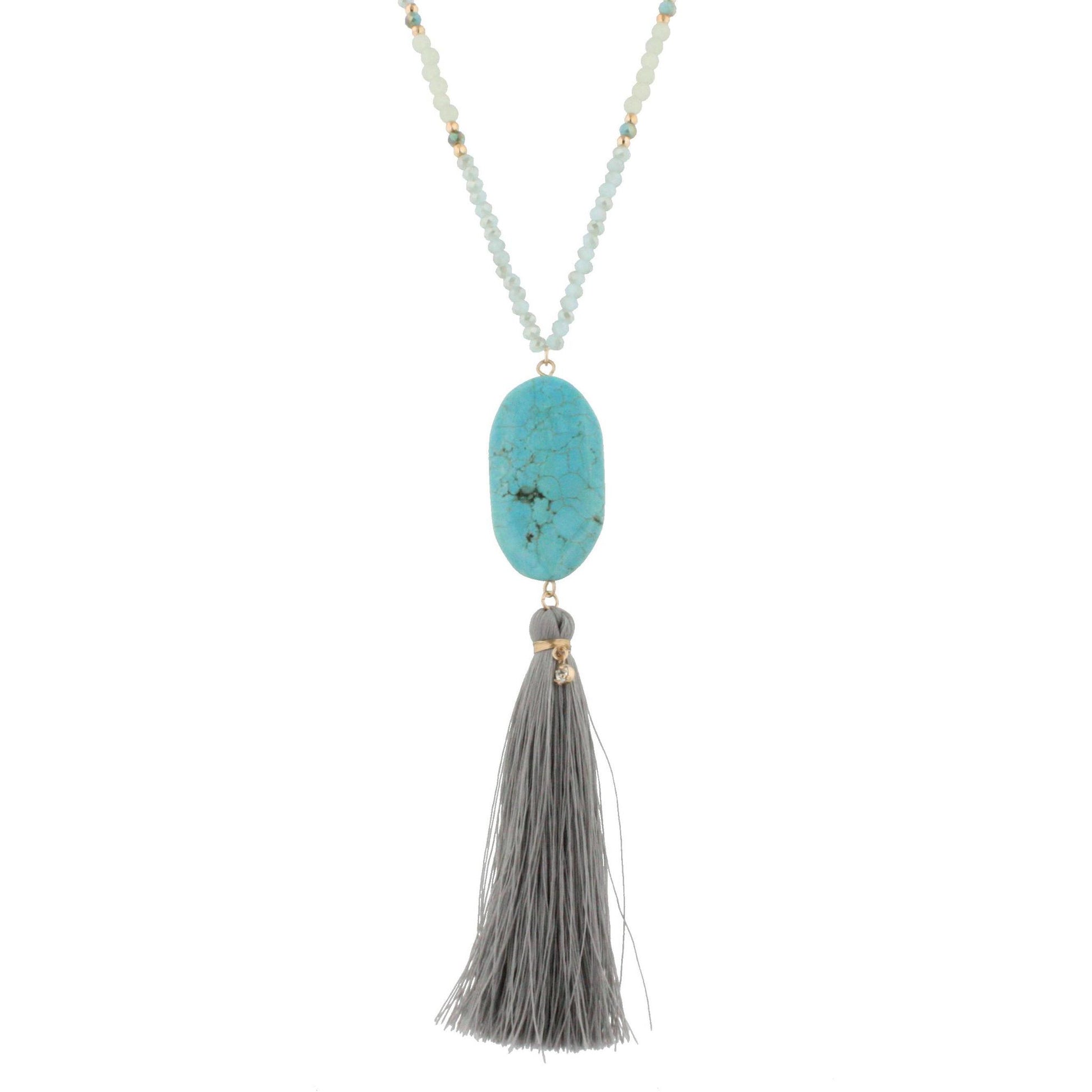 44" Half Chain Half Light Blue Beaded Necklace - Turquoise Oval Stone Pendant with Grey Tassel Drop Down
