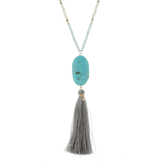 44" Half Chain Half Light Blue Beaded Necklace - Turquoise Oval Stone Pendant with Grey Tassel Drop Down