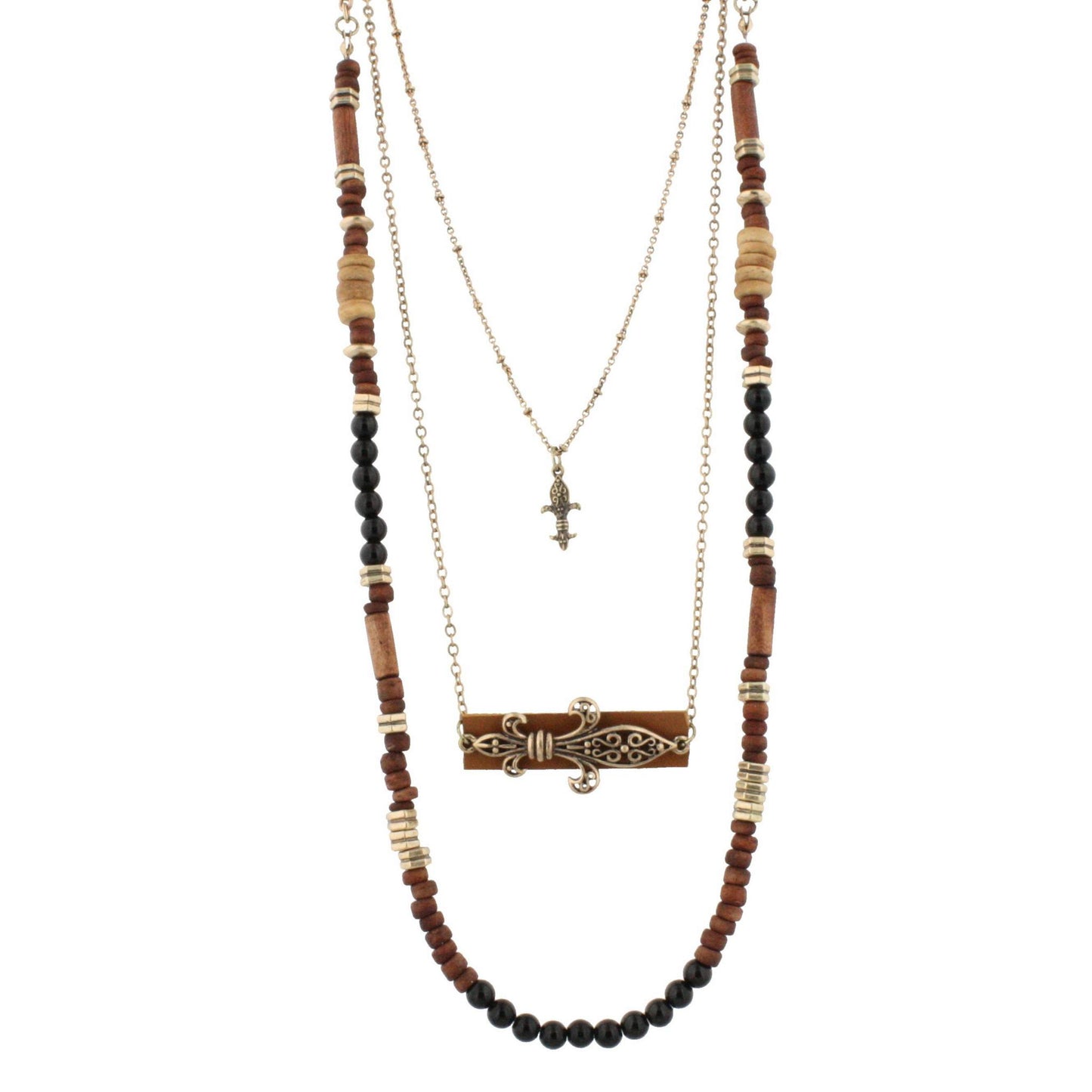22" Gold Multi Layered Wood and Black Beaded Necklace with Fleur De Lis Accented Leather Pendant, 3" Ext