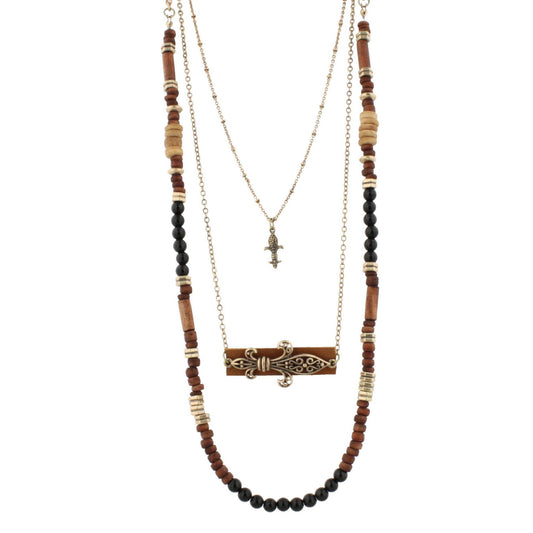 22" Gold Multi Layered Wood and Black Beaded Necklace with Fleur De Lis Accented Leather Pendant, 3" Ext