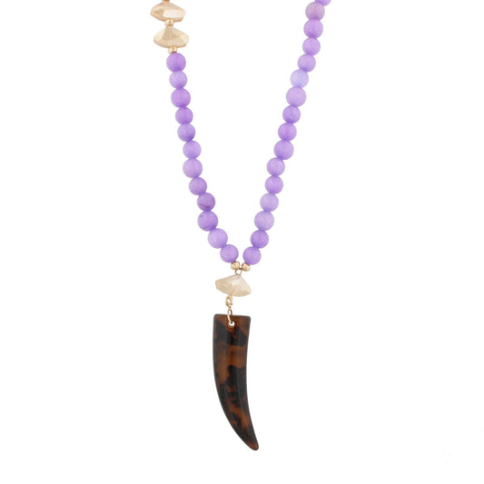 30" Gold Chain Link and Purple Stone Beaded Necklace with Tortoise Horn Pendant, 3" Ext