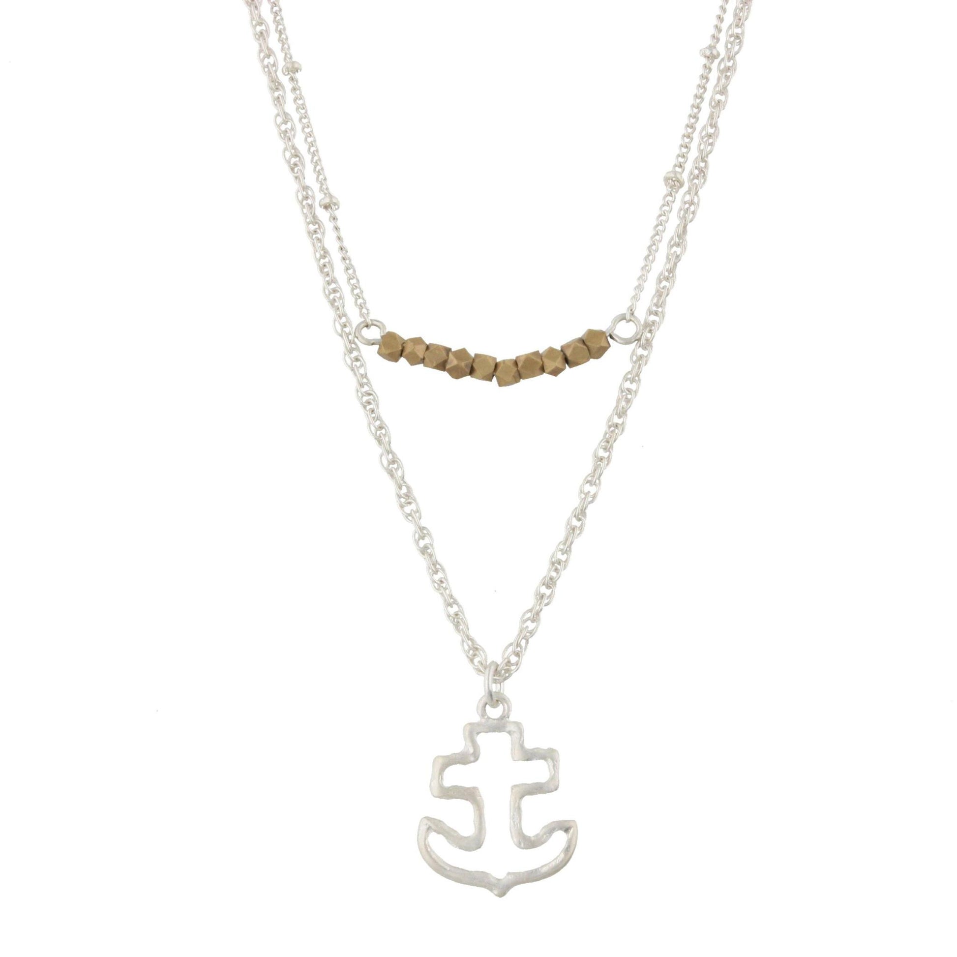 18" Silver Double Bar Necklace -Anchor, 3" Ext