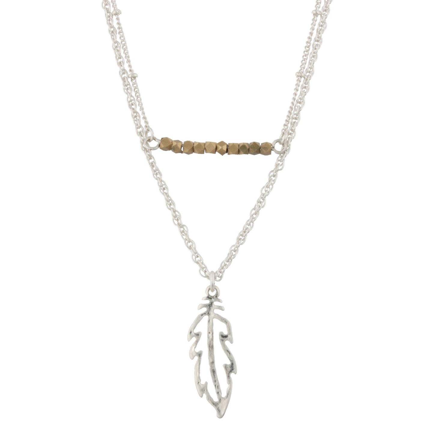 18" Silver Double Bar Necklace -Feather, 3" Ext