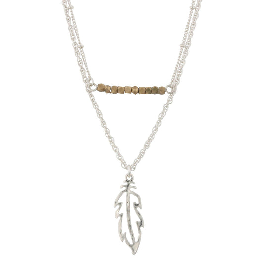 18" Silver Double Bar Necklace -Feather, 3" Ext