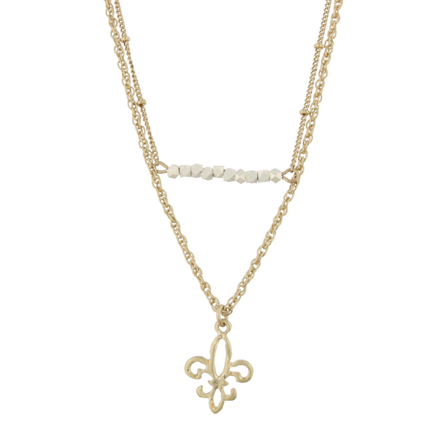 18" Gold Double Bar Necklace -Fleur De Lis, 3" Ext