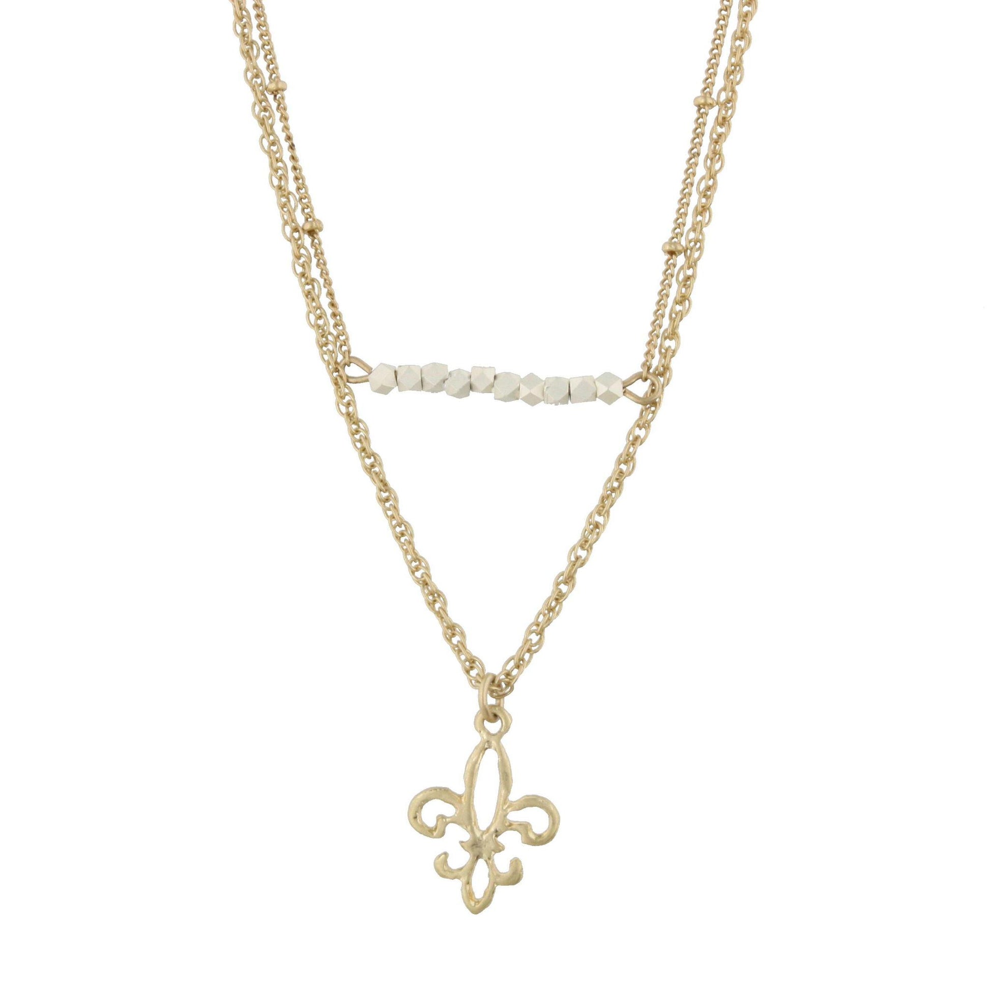 18" Gold Double Bar Necklace -Fleur De Lis, 3" Ext