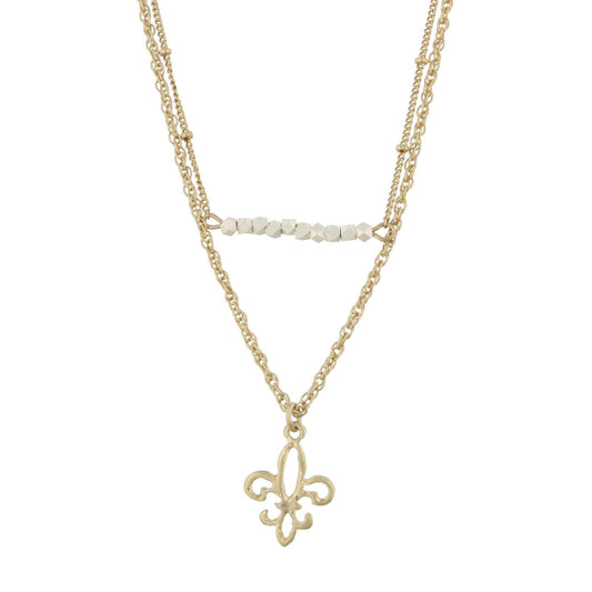 18" Gold Double Bar Necklace -Fleur De Lis, 3" Ext