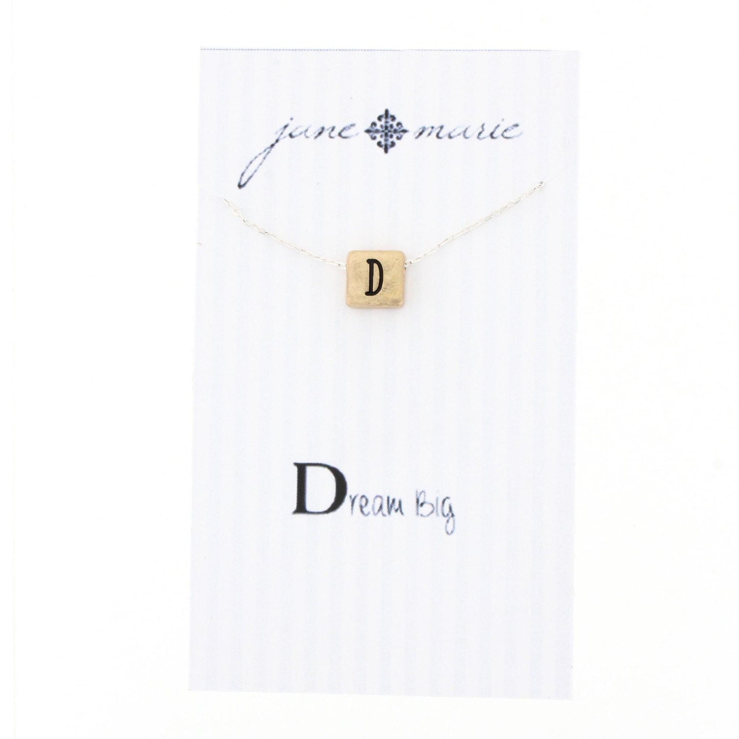 16" Gold Block D Initial On Silver Necklace, 3" Ext