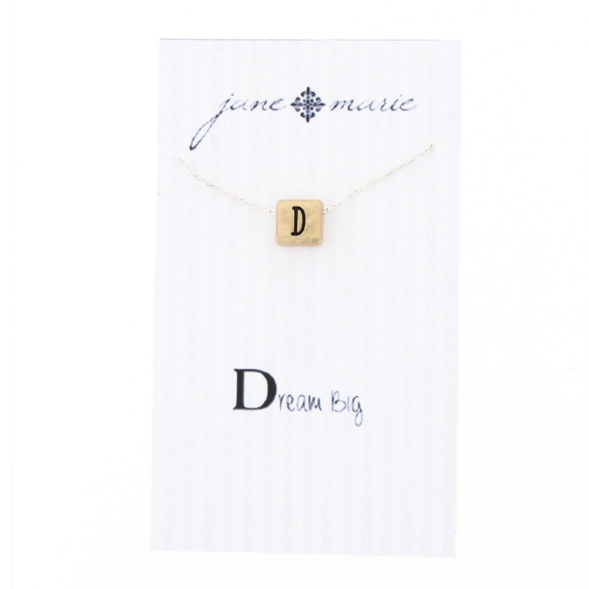 16" Gold Block D Initial On Silver Necklace, 3" Ext