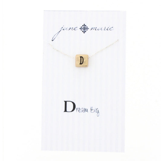 16" Gold Block D Initial On Silver Necklace, 3" Ext