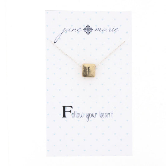 16" Gold Block F Initial On Silver Necklace, 3" Ext