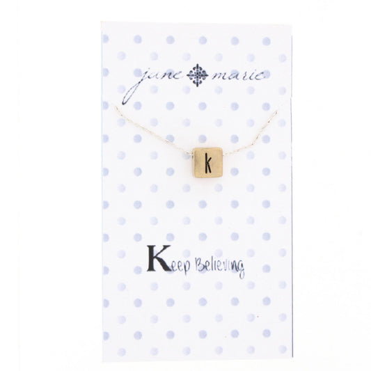16" Gold Block K Initial On Silver Necklace, 3" Ext