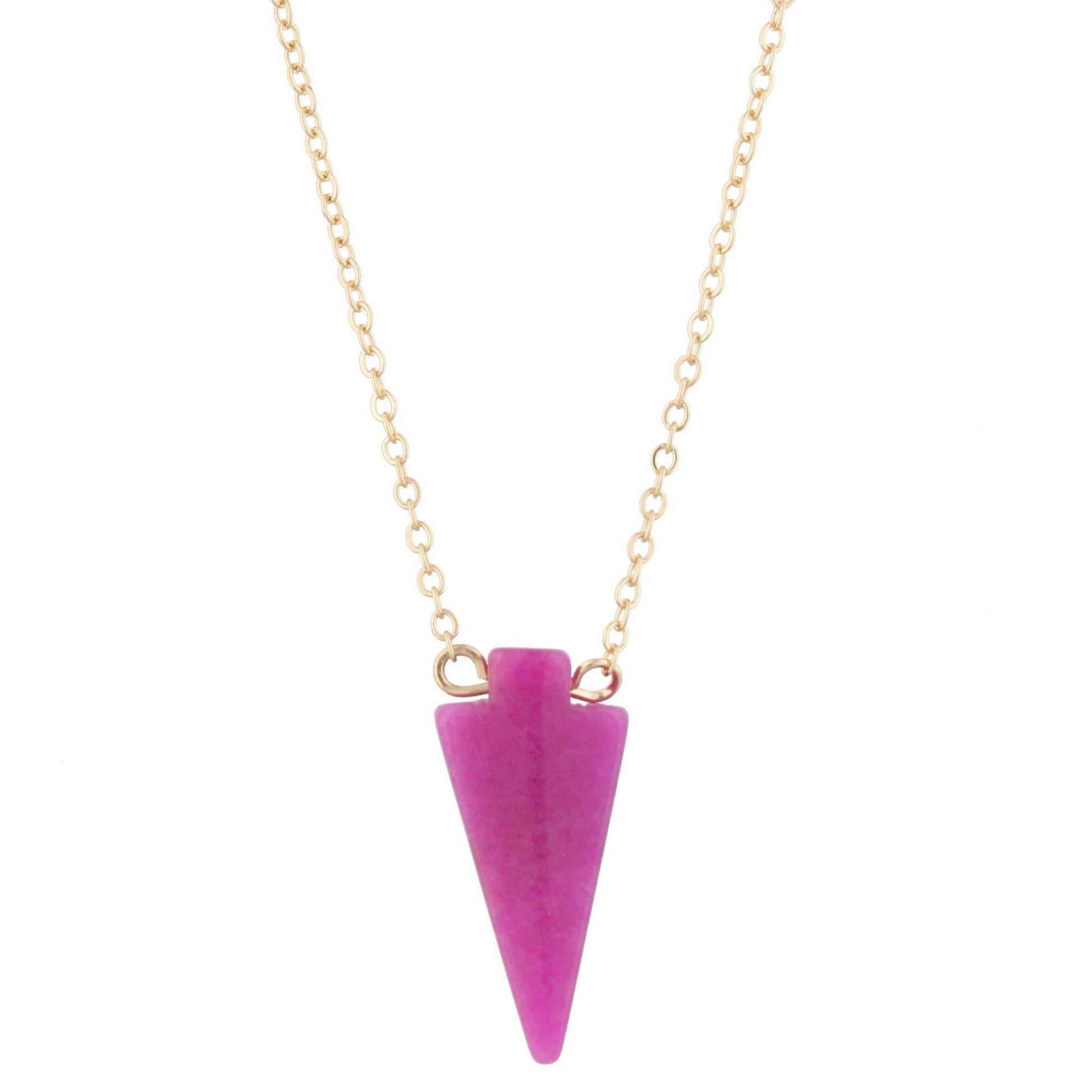 16" Gold Geometric Stone Necklace with Magenta Arrowhead, 3" Ext
