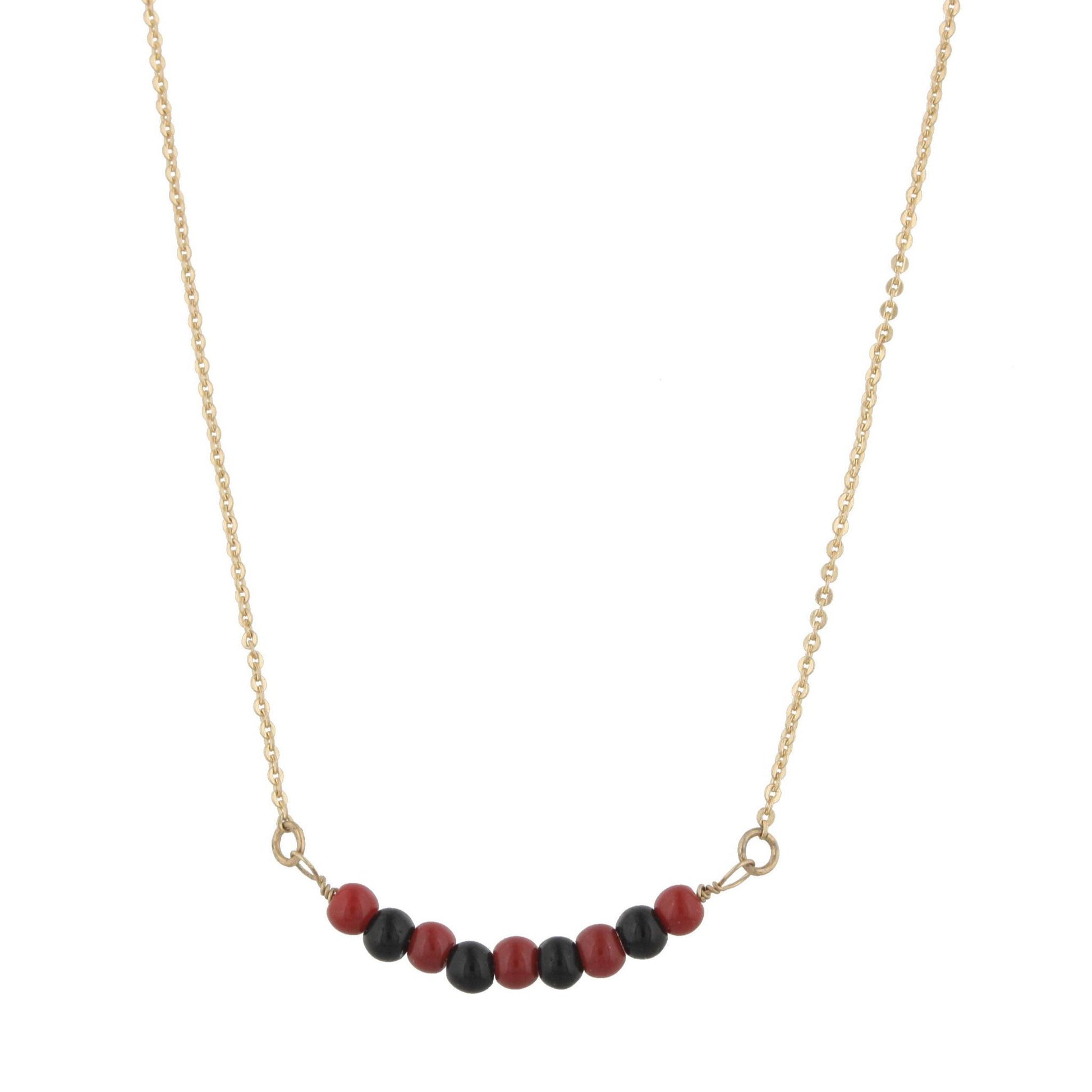 16" Gold Necklace with Alternating Garnet/Black Beads, 3" Ext
