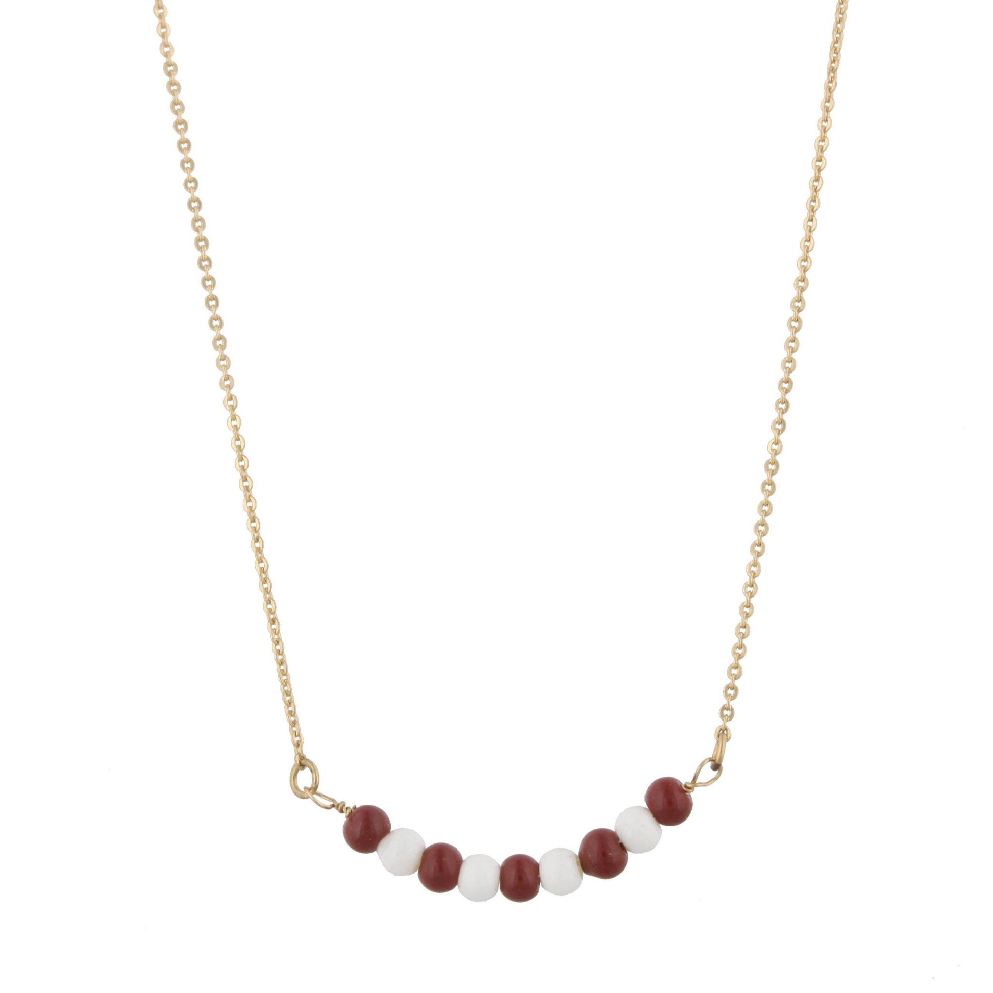 16" Gold Necklace with Alternating Maroon/White Beads, 3" Ext
