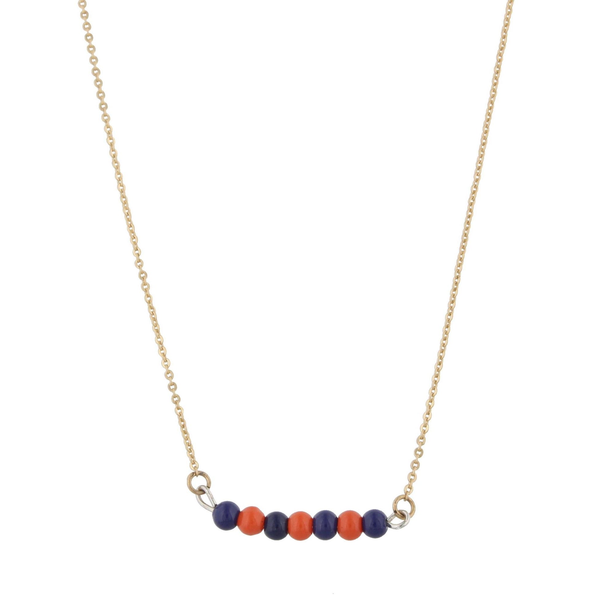16" Gold Necklace with Alternating Royal Blue/Orange Beads, 3" Ext
