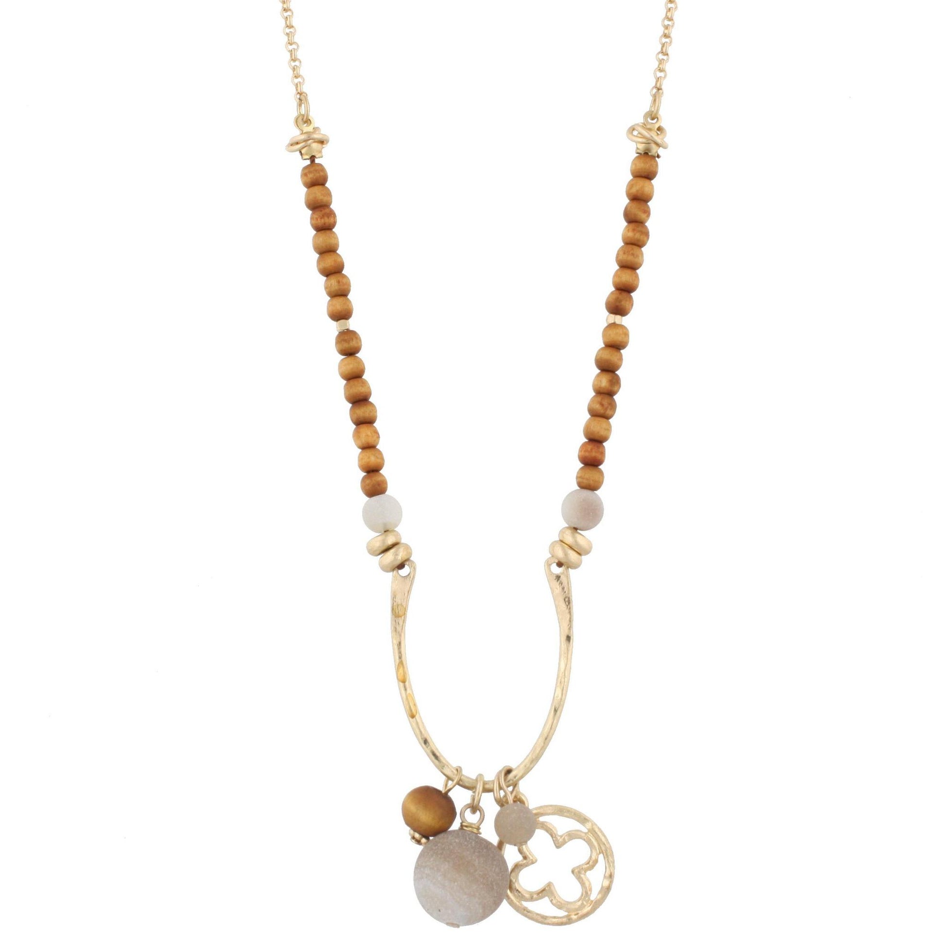 16" Half Wooden Beaded with Wishbone Shape "U" with Quatreoil In Circle Charm and Natural Grey Stone, 3" Ext