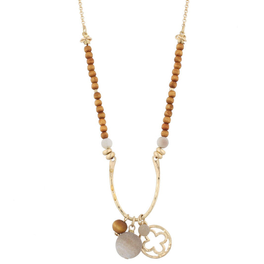 16" Half Wooden Beaded with Wishbone Shape "U" with Quatreoil In Circle Charm and Natural Grey Stone, 3" Ext