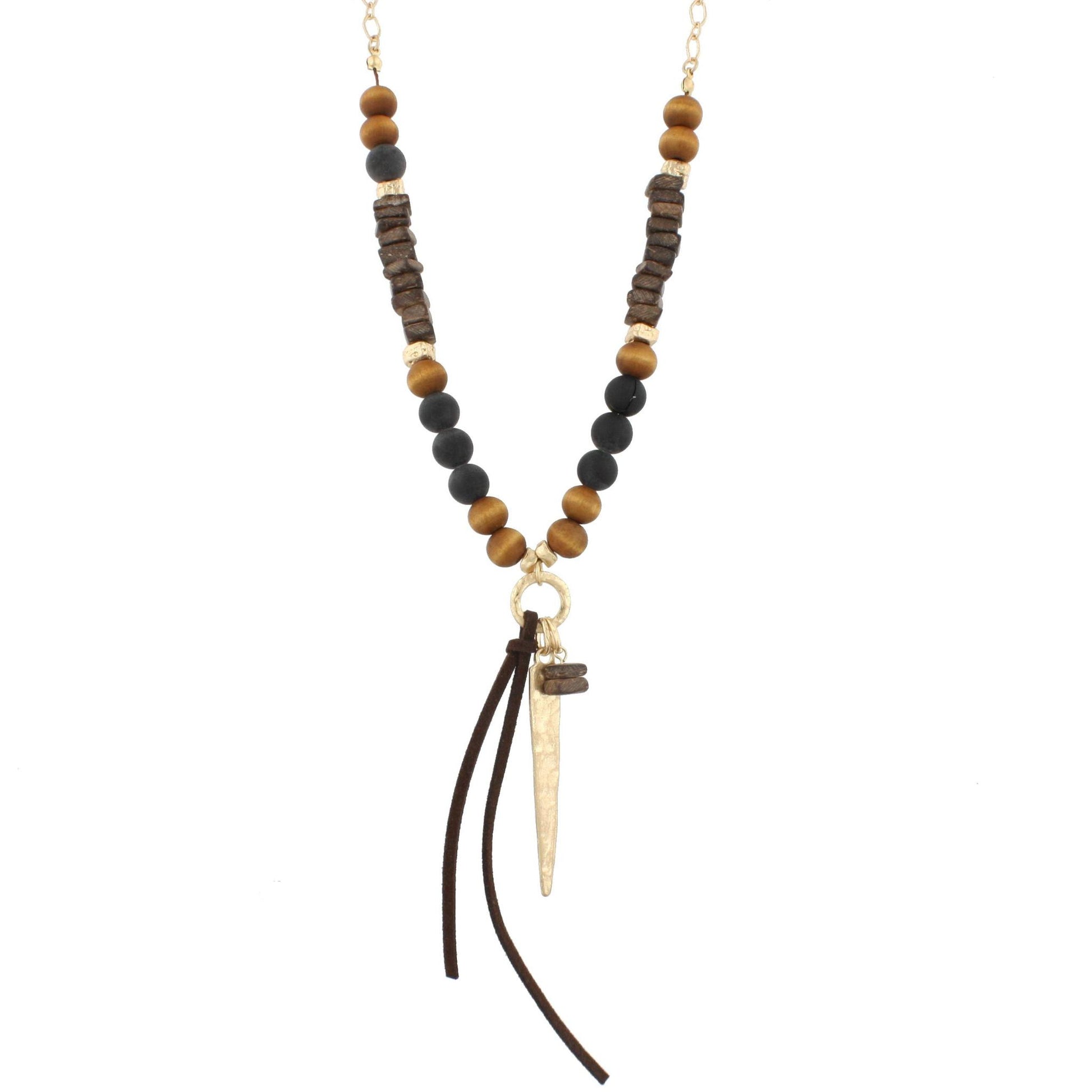 Half Chain Half Matte Black Beaded Spear Icon Necklace with Leather Tassel Accent