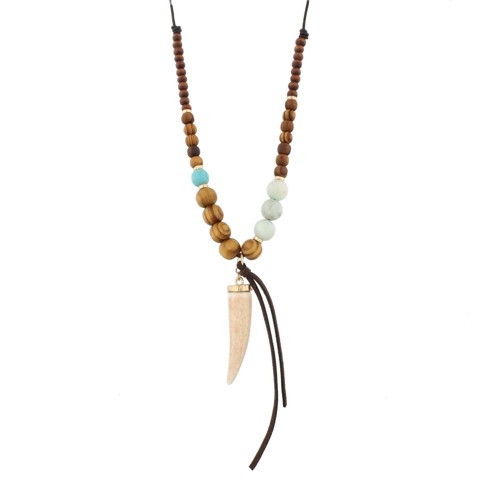 Half Leather Half Amazonite Beaded Tusk Icon Necklace with Leather Tassel Accent