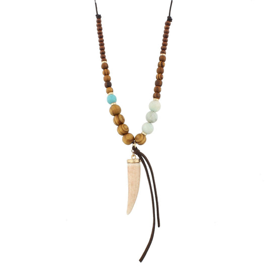 Half Leather Half Amazonite Beaded Tusk Icon Necklace with Leather Tassel Accent