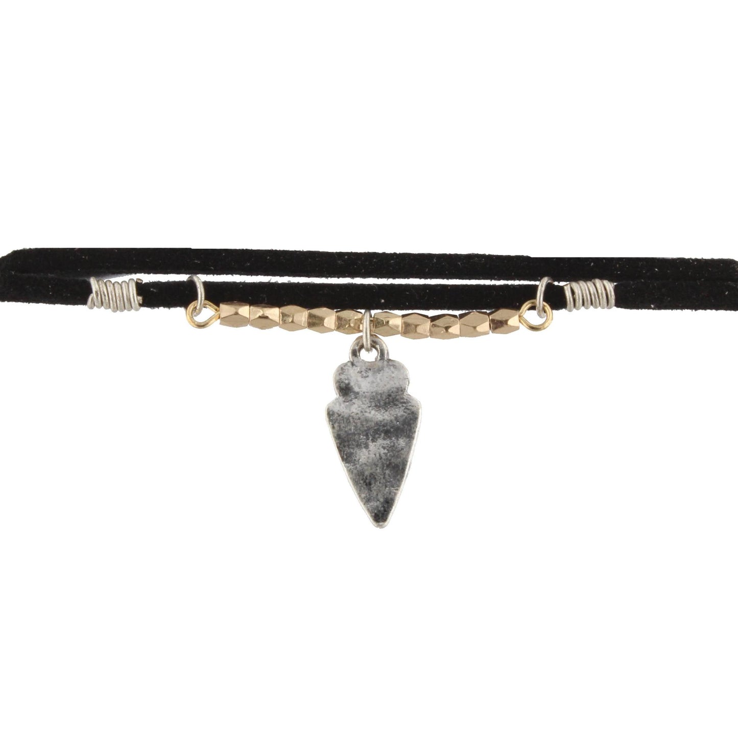 40" Black Leather Corded Wrap Choker with Gold Beaded Bar and Silver Arrowhead