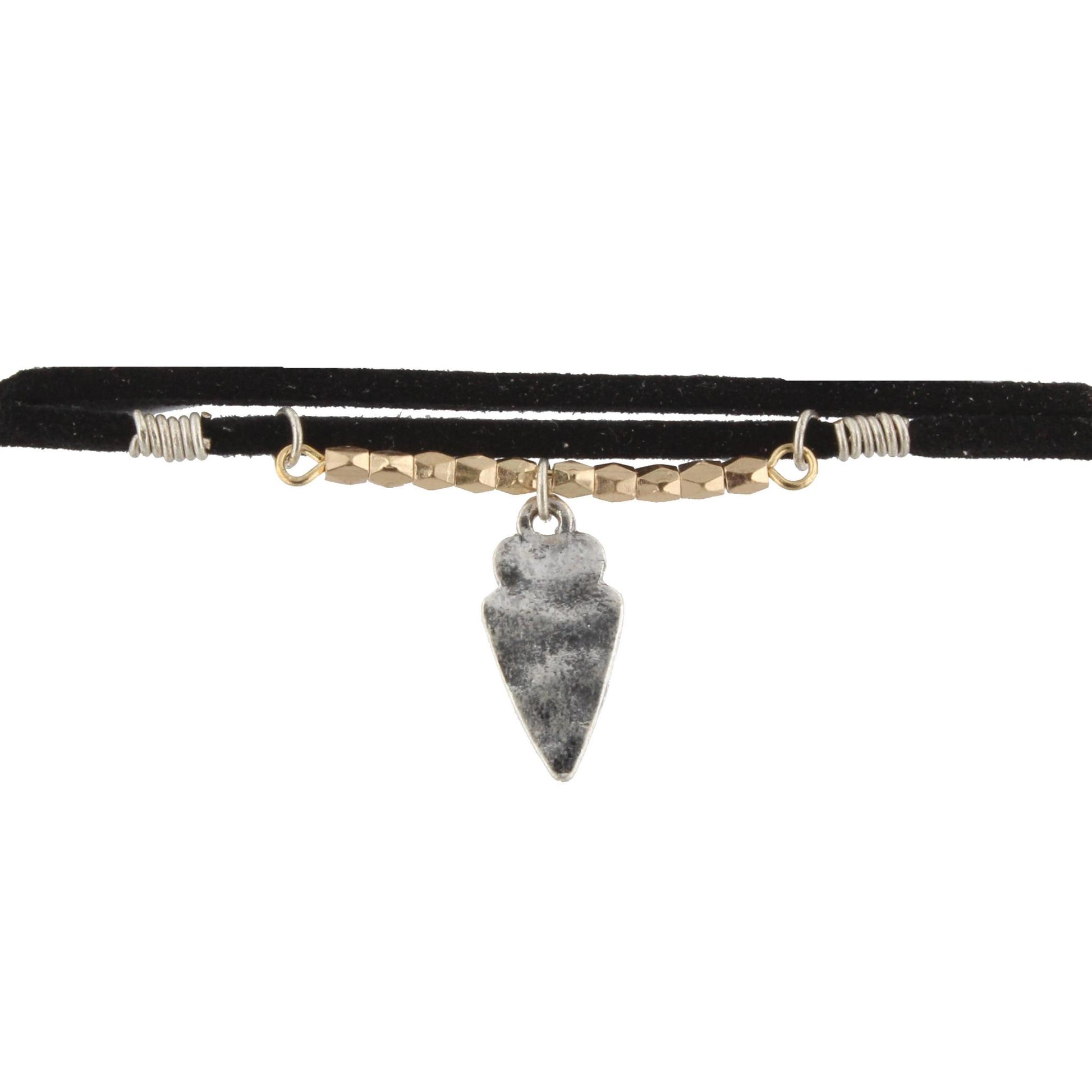 40" Black Leather Corded Wrap Choker with Gold Beaded Bar and Silver Arrowhead