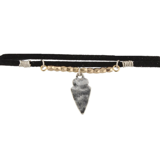 40" Black Leather Corded Wrap Choker with Gold Beaded Bar and Silver Arrowhead