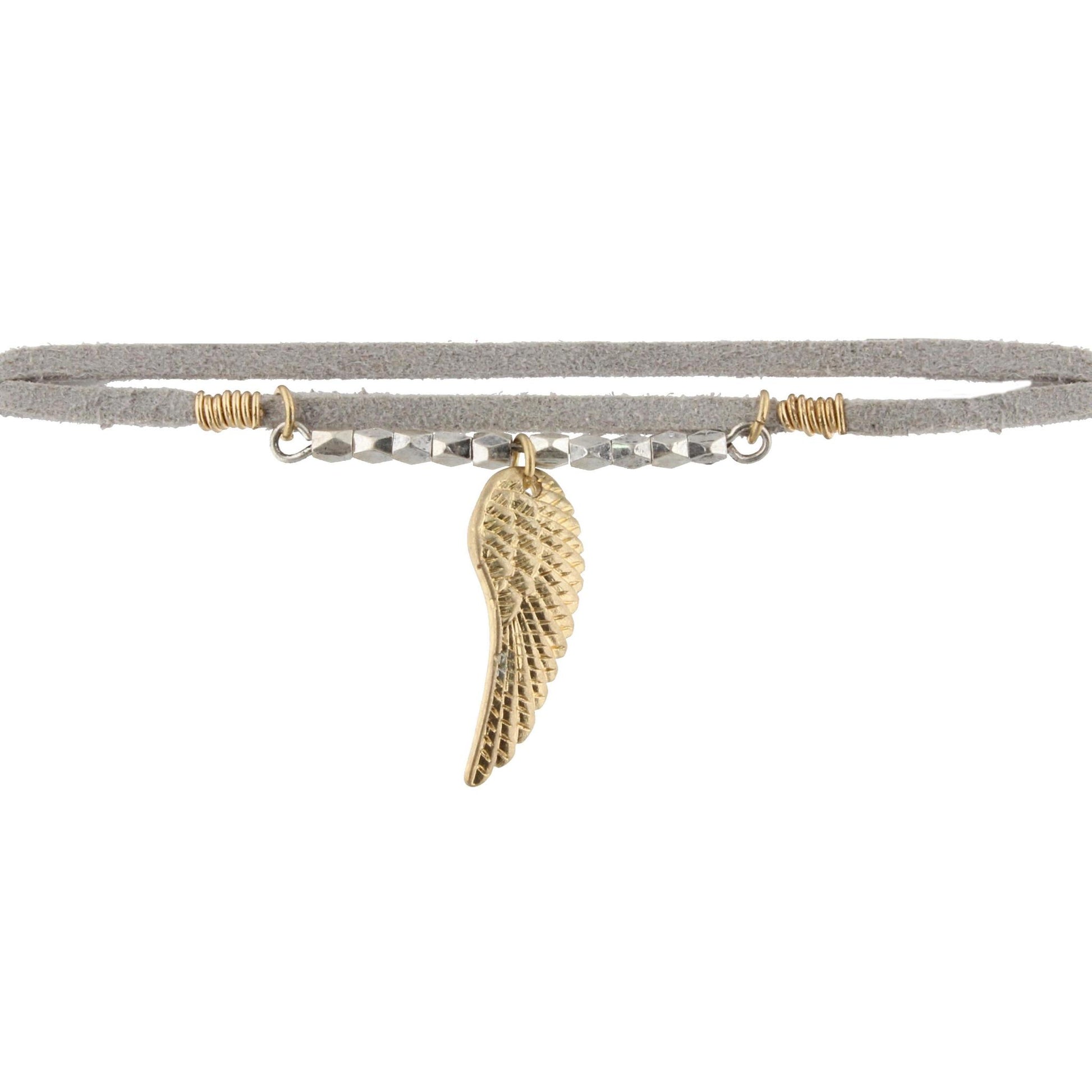 40" Grey Leather Corded Wrap Choker with Silver Beaded Bar and Gold Feather