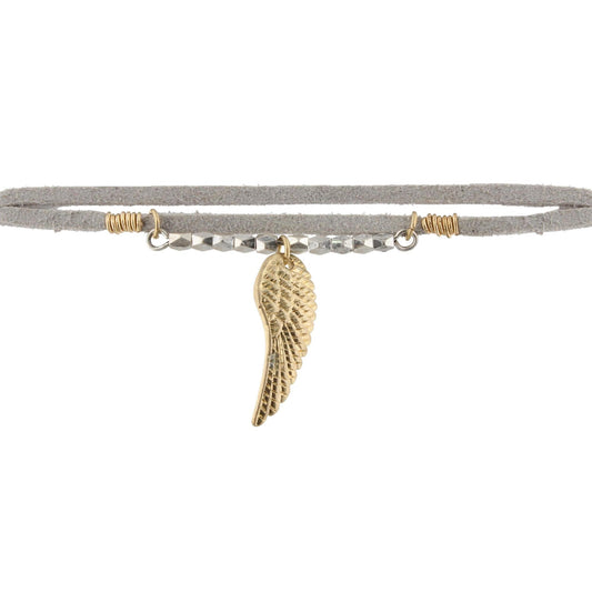 40" Grey Leather Corded Wrap Choker with Silver Beaded Bar and Gold Feather