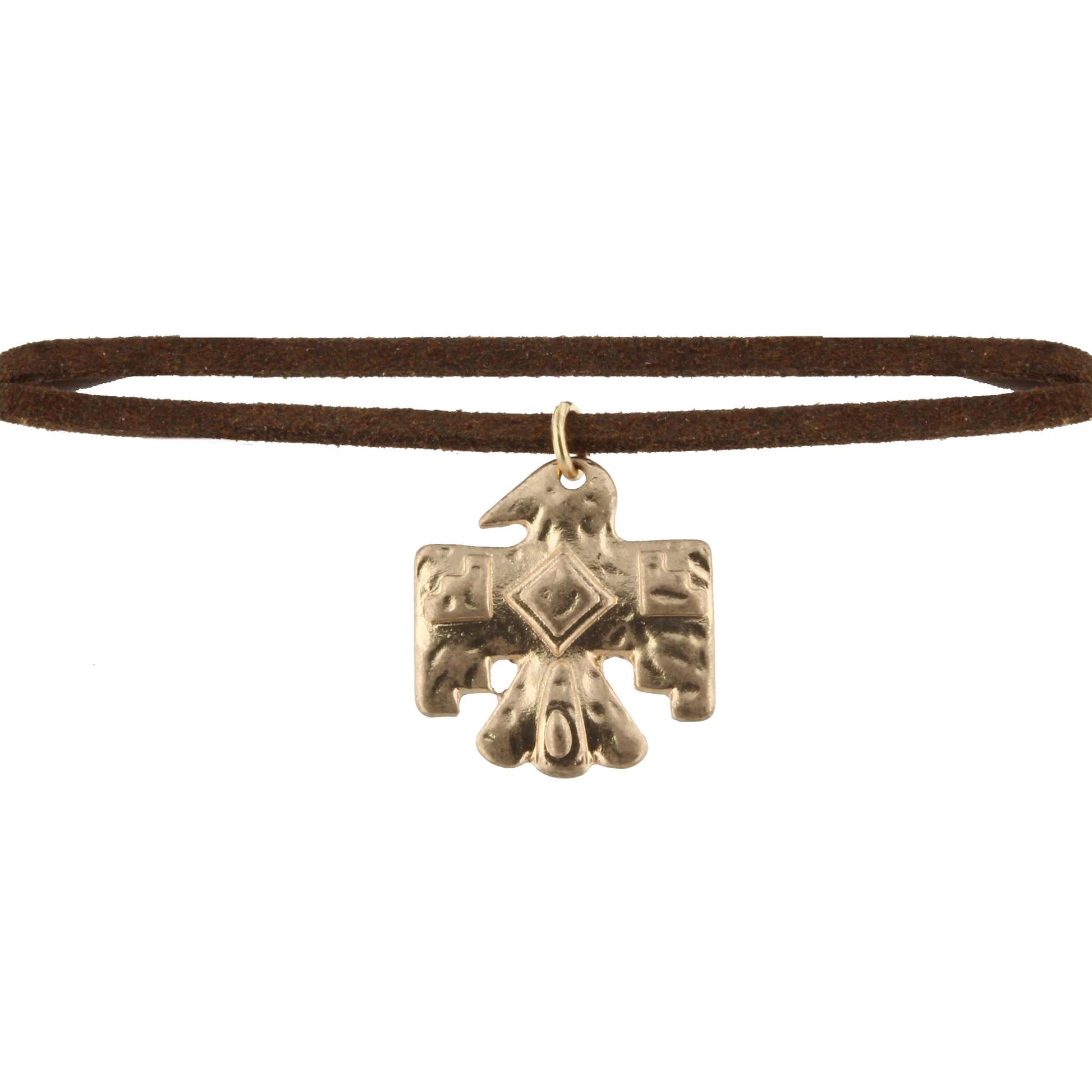 40" Brown Leather Corded Wrap Choker with Gold Thunderbird Charm