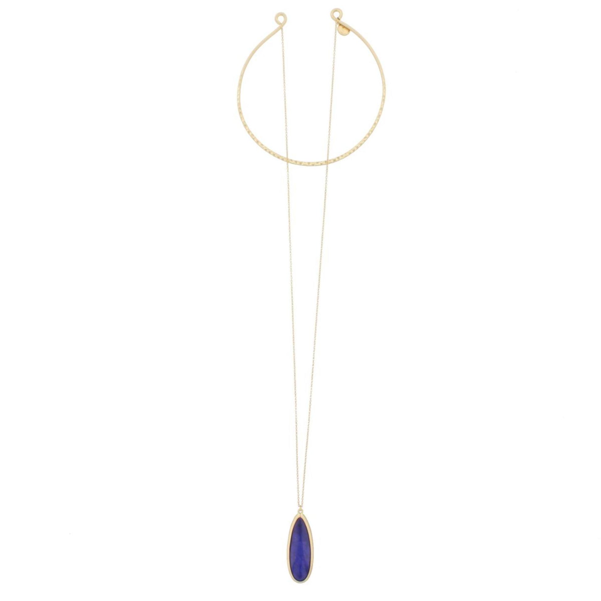 12" Circle Hammered Antique Gold Choker with 30" Stone Drop - Blue Stone