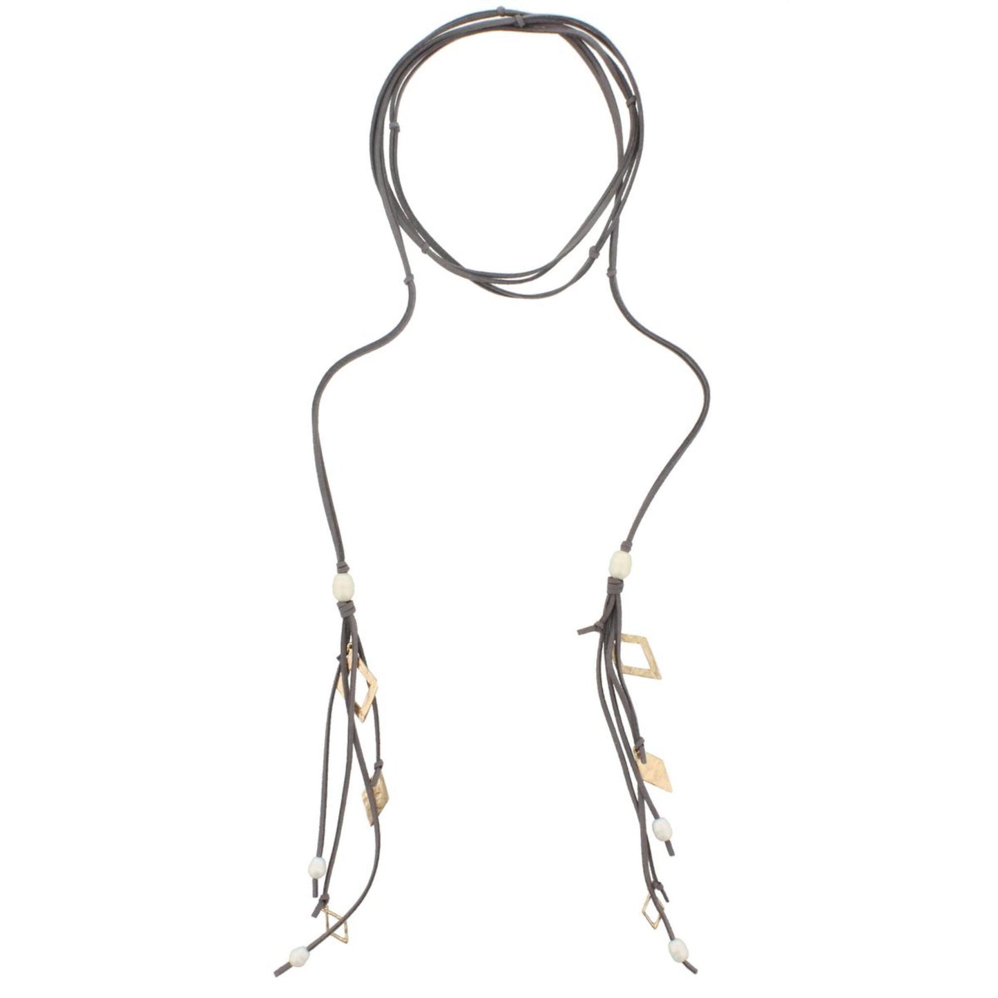 82" Dual Grey Leather Wrap Choker with Pearl And Diamond Tassel Ends Necklace