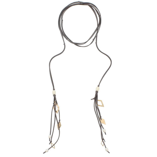 82" Dual Grey Leather Wrap Choker with Pearl And Diamond Tassel Ends Necklace