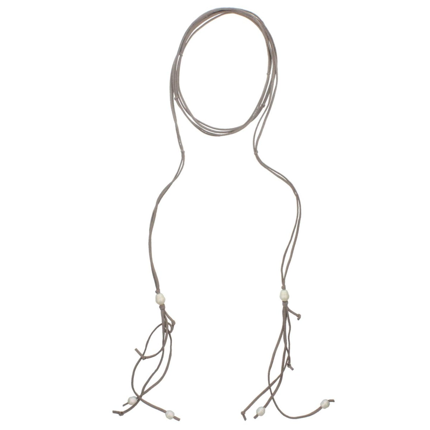82" Dual Grey Leather Wrap Choker with Pearl Tassel Ends Necklace