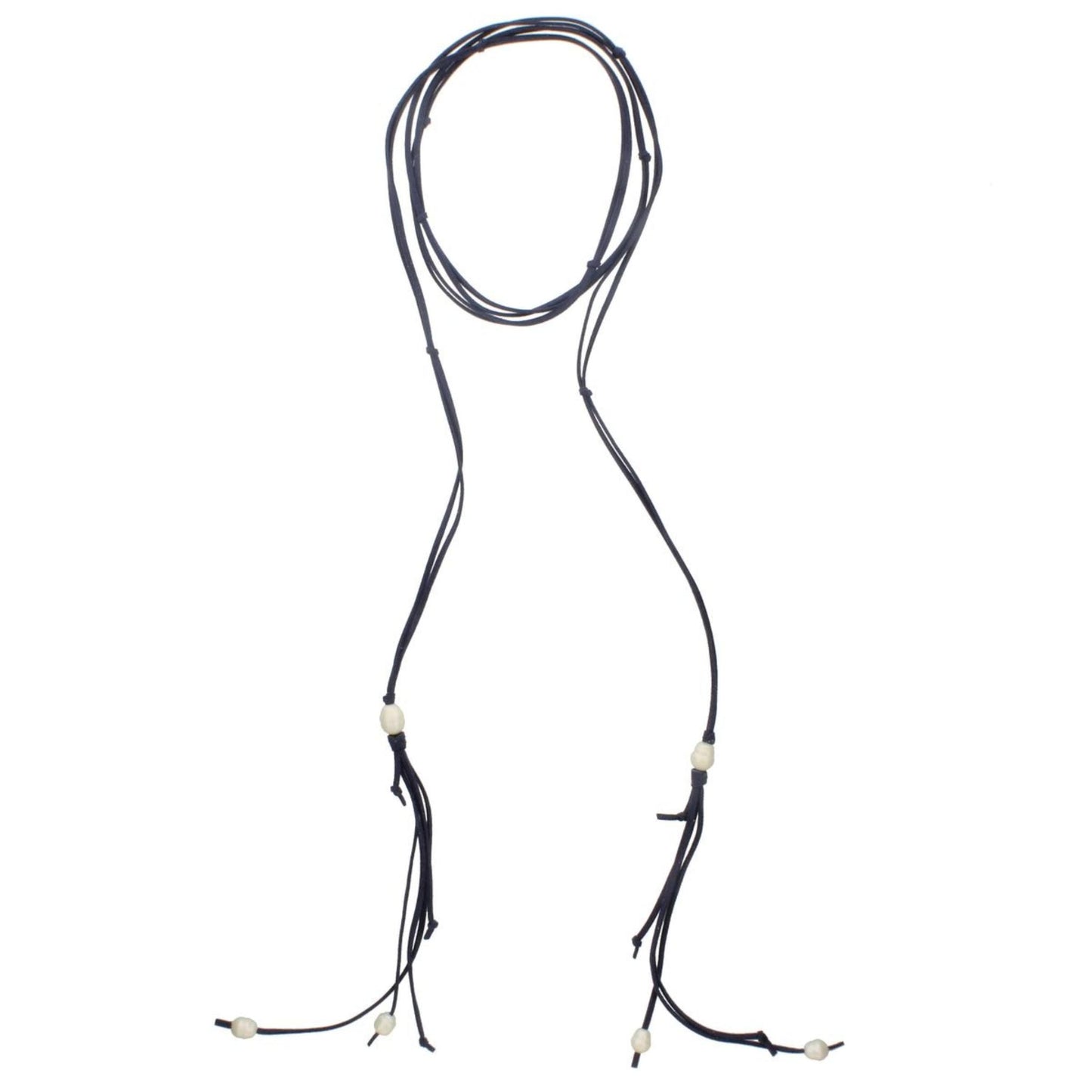 82" Dual Navy Leather Wrap Choker with Pearl Tassel Ends Necklace