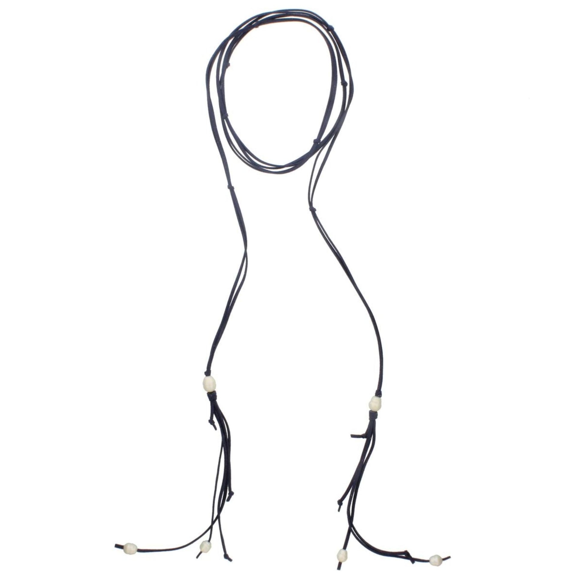 82" Dual Navy Leather Wrap Choker with Pearl Tassel Ends Necklace