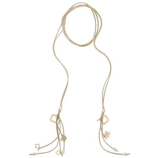 82" Dual Light Brown Leather Wrap Choker with Pearl and Quatrefoil Tassel Ends Necklace
