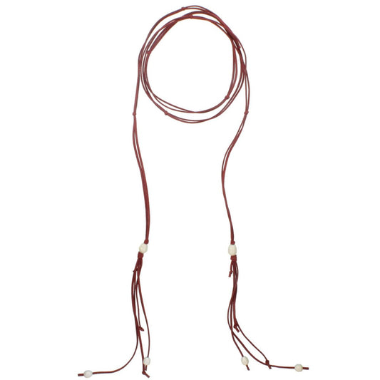 82" Dual Wine Leather Wrap Choker with Pearl Tassel Ends Necklace