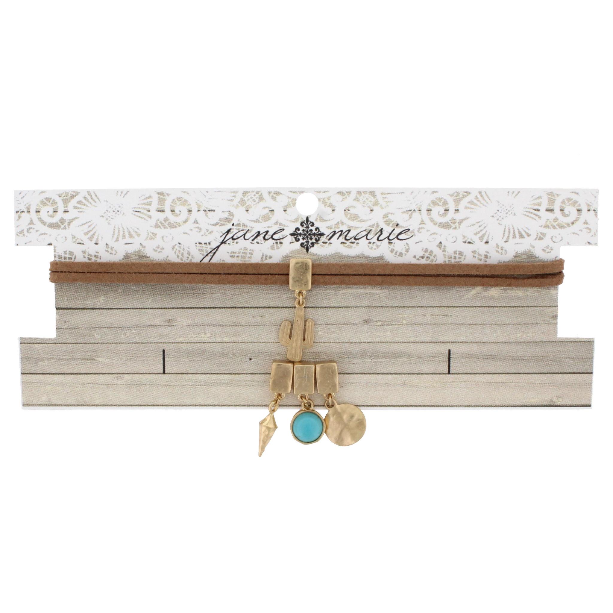 12" Tan Leather Choker with Cactus, Turquoise Cabochon, 3D Spear, and Wavy Disk, 3" Ext