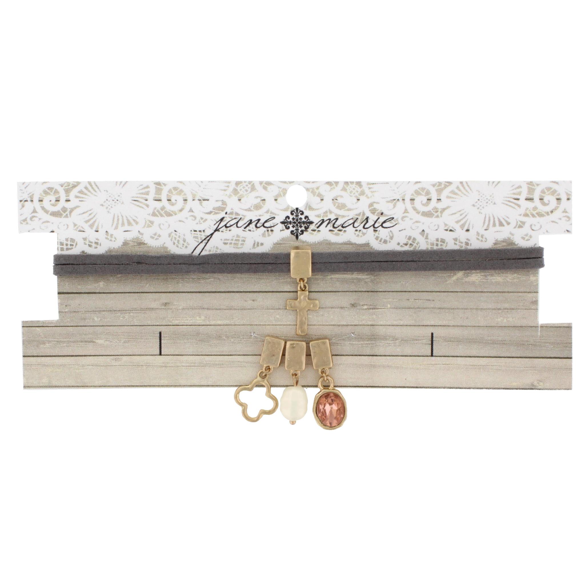 12" Grey Leather Choker with Cross, Rose Cabochon, Pearl, Quatrefoil, 3" Ext