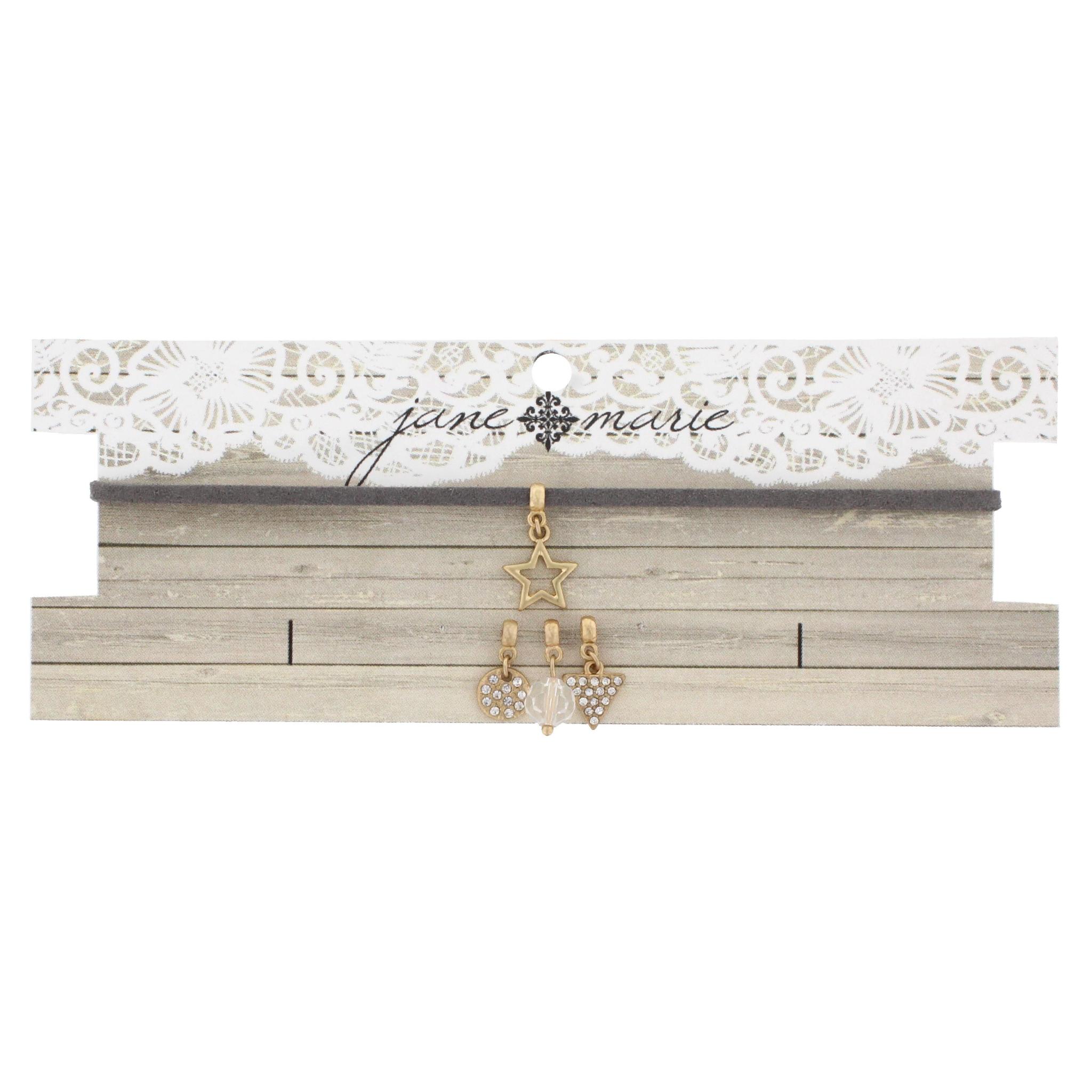 12" Grey Leather Choker with Star, Rhinestone Disk, Rhinestone Triangle, Clear Bead, 3" Ext